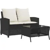 vidaXL Gartensofa 2-Sitzer mit Kissen & Tisch Schwarz Poly Rattan