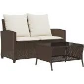 vidaXL Gartensofa 2-Sitzer mit Kissen & Tisch Braun Poly Rattan