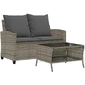 vidaXL Gartensofa 2-Sitzer mit Kissen & Tisch Grau Poly Rattan