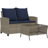 vidaXL Gartensofa 2-Sitzer mit Kissen & Tisch Grau Poly Rattan