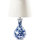 Beliani Tischlampe Weiß und Blau Porzellan Vasenform 48 cm Stoffschirm Trommelform Langes Kabel mit Schalter Modern Schlaf- u. Wohnzimmer Beleuchtung