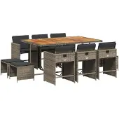 vidaXL 11-tlg. Garten-Essgruppe mit Kissen Grau Poly Rattan