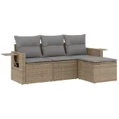 vidaXL 4-tlg. Garten-Sofagarnitur mit Kissen Beige Poly Rattan
