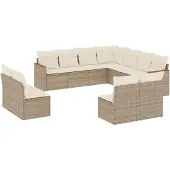 vidaXL 11-tlg. Garten-Sofagarnitur mit Kissen Beige Poly Rattan