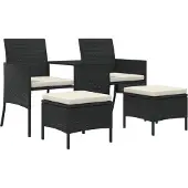 vidaXL Gartensofa 2-Sitzer mit Tisch und Hockern Schwarz Poly Rattan