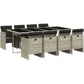 vidaXL 9-tlg. Garten-Essgruppe mit Kissen Hellgrau Poly Rattan