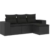 vidaXL 4-tlg. Garten-Sofagarnitur mit Kissen Schwarz Poly Rattan