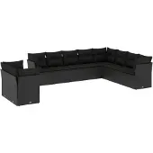vidaXL 10-tlg. Garten-Sofagarnitur mit Kissen Schwarz Poly Rattan