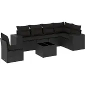 vidaXL 7-tlg. Garten-Sofagarnitur mit Kissen Schwarz Poly Rattan