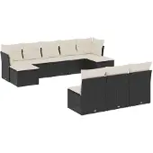vidaXL 10-tlg. Garten-Sofagarnitur mit Kissen Schwarz Poly Rattan