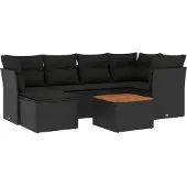 vidaXL 7-tlg. Garten-Sofagarnitur mit Kissen Schwarz Poly Rattan