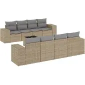 vidaXL 9-tlg. Garten-Sofagarnitur mit Kissen Beige Poly Rattan