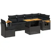 vidaXL 7-tlg. Garten-Sofagarnitur mit Kissen Schwarz Poly Rattan