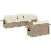 vidaXL 7-tlg. Garten-Sofagarnitur mit Kissen Beige Poly Rattan