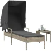 vidaXL Sonnenliege mit Dach und Tisch Hellgrau Poly Rattan