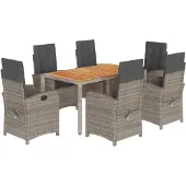 vidaXL 7-tlg. Garten-Essgruppe mit Kissen Grau Poly Rattan
