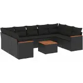 vidaXL 10-tlg. Garten-Sofagarnitur mit Kissen Schwarz Poly Rattan