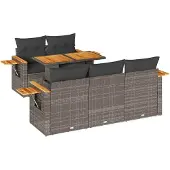 vidaXL 6-tlg. Garten-Sofagarnitur mit Kissen Grau Poly Rattan Akazie