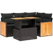 vidaXL 5-tlg. Garten-Sofagarnitur mit Kissen Schwarz Poly Rattan