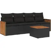 vidaXL 5-tlg. Garten-Sofagarnitur mit Kissen Schwarz Poly Rattan