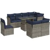 vidaXL 9-tlg. Garten-Sofagarnitur mit Kissen Grau Poly Rattan Akazie