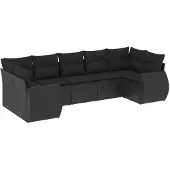 vidaXL 7-tlg. Garten-Sofagarnitur mit Kissen Schwarz Poly Rattan