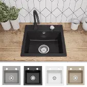 Faizee Home | Compact Granitspüle Schwarz 41 x 44 cm – Einbauspüle aus Granit für moderne Küchen | 170 mm Tiefe | Spülbecken für Unterschrank