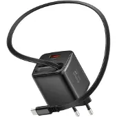 Swissten , USB-A 45W Ladegerät mit integriertem einziehbarem 0.75m USB-C Kabel, Schwarz
