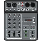 Jojomino 4-Kanal-Audiomixer, 48 V Phantomspeisung, USB-Studio-Soundmixer, -DJ-Konsole, Mixing für Karaoke