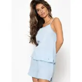 SASSYCLASSY Musselin Pyjamatop mit Spitzenborte in Blau | Gr.: L
