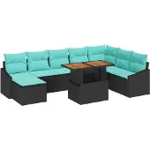 vidaXL Gartensofa-set 9 pcs Schwarz und Türkis Poly-Rattan
