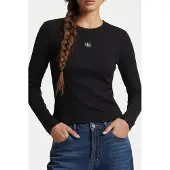 Calvin Klein Ls Woven Label 2x2 Top Black Größe: M | Longsleeves Outlet | Damen | Schwarz