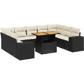 vidaXL 10-tlg. Garten-Sofagarnitur mit Kissen Schwarz Poly Rattan