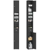 SoBuy Hoher schmaler Badezimmerschrank mit Schublade und verstellbaren Einlegeböden - Schwarzer Säulenschrank für Bad und Wohnzimmer - 20 x 20 x 180 cm