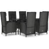 vidaXL 7-tlg. Garten-Essgruppe mit Kissen Schwarz Poly Rattan