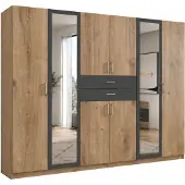 Luma-home Drehtürenschrank Kleiderschrank 270 cm Schubkästen Spiegel Eiche Nachbildung und Grafit / 22596