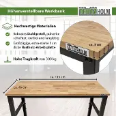 Baumarktplus Werkbank höhenverstellbar 135x46x88-97 cm 300 kg Stahlgestell Hartholzplatte Werktisch Arbeitstisch