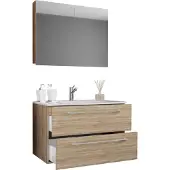 VCM 3-tlg. Waschplatz Waschtisch | Waschbecken Unterschrank Breite 80 cm | Badmöbel Set mit Schubladen Drehtüren Spiegelschrank | Badinos