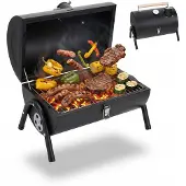 Relaxdays Campinggrill, 2 Kohleschalen, Thermometer, Rauchabzug, HxBxT: 35 x 41 x 29 cm, tragbarer Tischgrill, schwarz