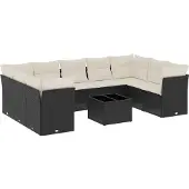 vidaXL 10-tlg. Garten-Sofagarnitur mit Kissen Schwarz Poly Rattan
