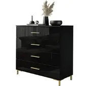 Lookway KOMMODE LINA GOLD mit goldenen Griffen und Beinen Schwarzer Glanz LED