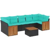 vidaXL 8-teiliges Gartensofa-Set mit Kissen, schwarzes Polyrattan