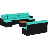 vidaXL 11-teiliges Gartensofa-Set mit Kissen, schwarzes Polyrattan