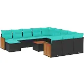 vidaXL 13-teiliges Gartensofa-Set mit Kissen, schwarzes Polyrattan