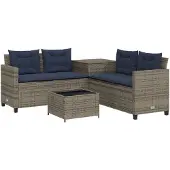 vidaXL Gartensofa mit Tisch und Kissen L-förmig Grau Polyrattan