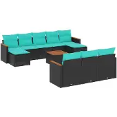 vidaXL 11-teiliges Gartensofa-Set mit Kissen, schwarzes Polyrattan