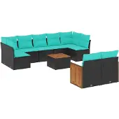 vidaXL 10-teiliges Gartensofa-Set mit Kissen, schwarzes Polyrattan