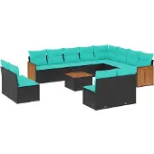 vidaXL 13-teiliges Gartensofa-Set mit Kissen, schwarzes Polyrattan