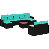vidaXL 10-teiliges Gartensofa-Set mit Kissen, schwarzes Polyrattan