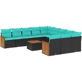 vidaXL 12-teiliges Gartensofa-Set mit Kissen, schwarzes Polyrattan